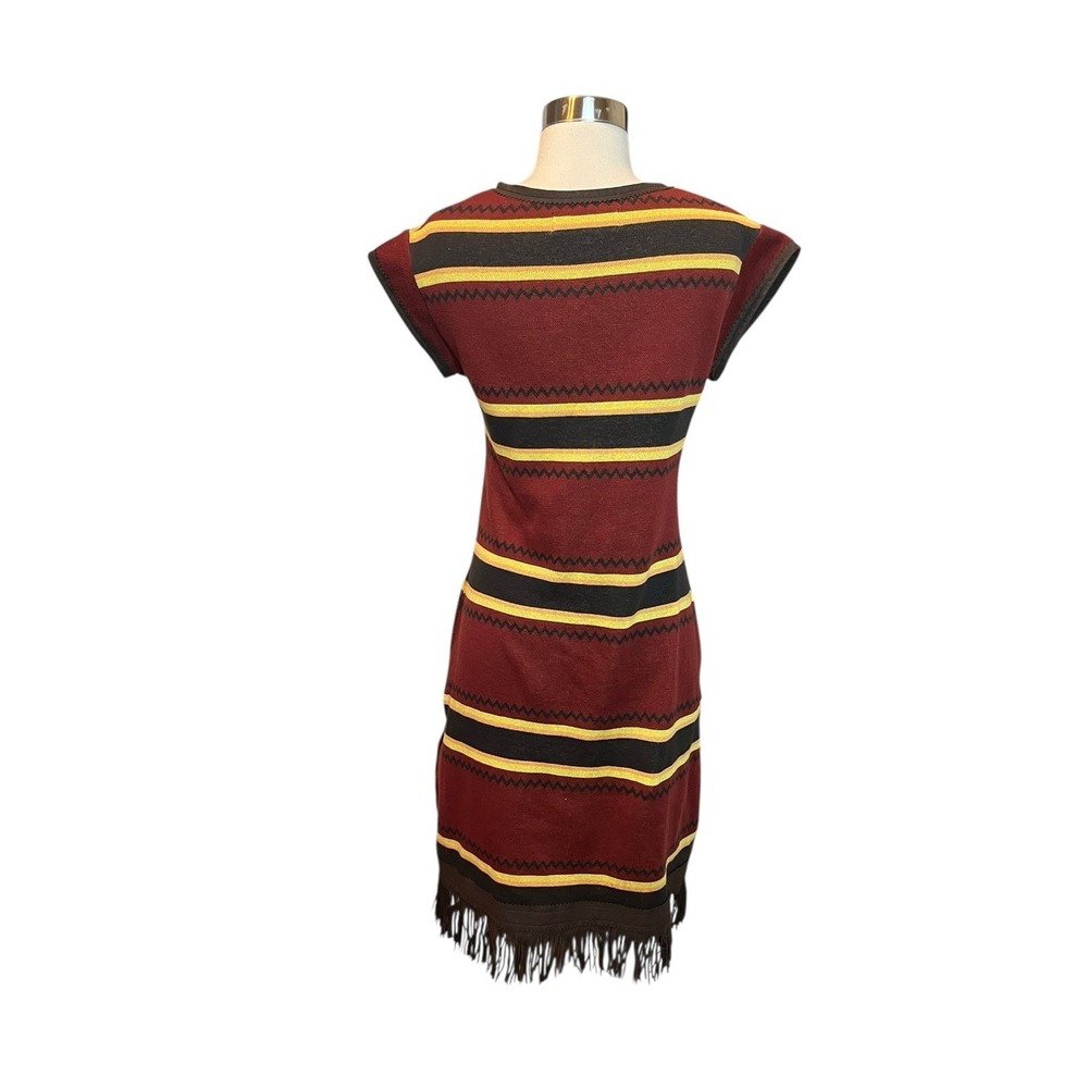 Double D Ranch Knit Dress Small Striped Maroon Scoop Neck Short Sleeve Fringed - Picture 3 of 9